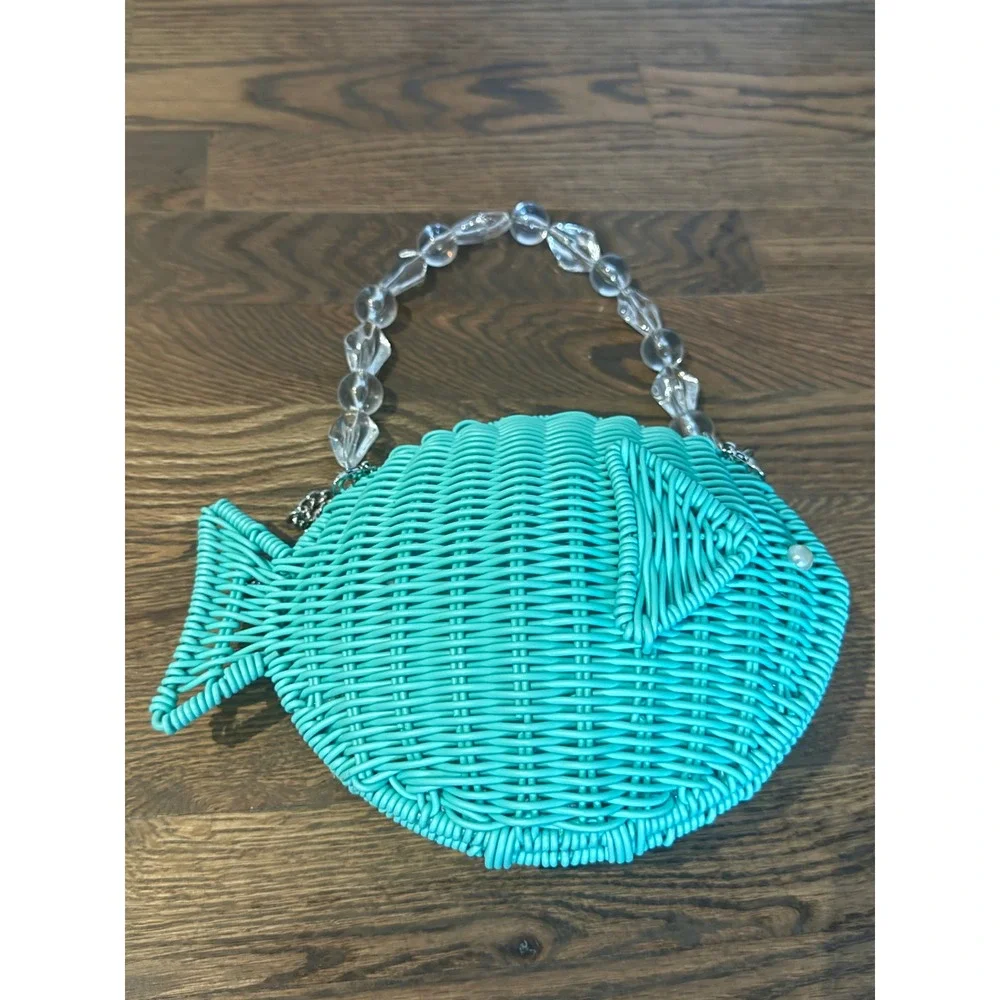 Tommy Bahama Teal Woven Wicker Fish Crossbody Bag Beaded Handle Novelty Clutch